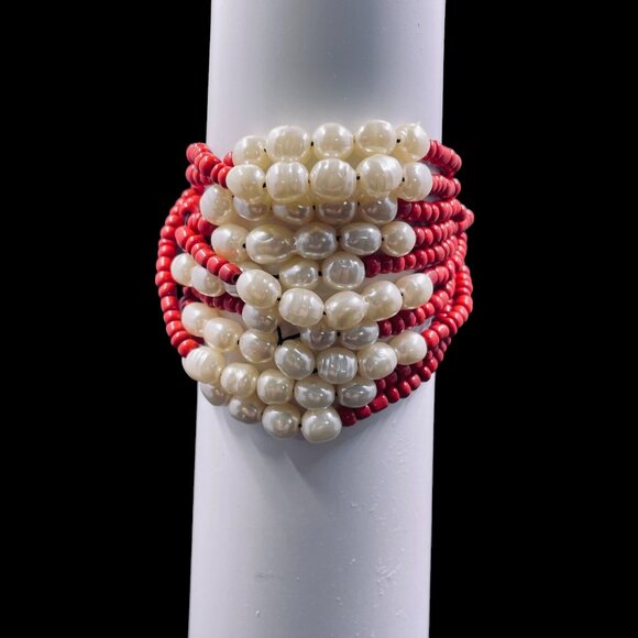 Chunky Pearl Beaded Bracelet Red White Statement Stretch Boho Layered Y2K - Picture 9 of 10